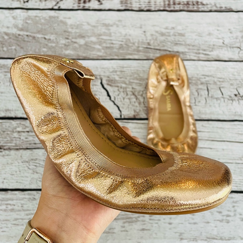 Yosi Samra Samara Foldable Ballet Flat in Rose Gold Metallic Leather